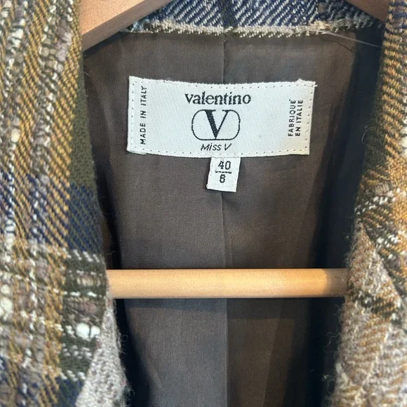 Valentino Olive, Tan & Navy Plaid Wool Blazer with Gold Buttons - Picture 2 of 3
